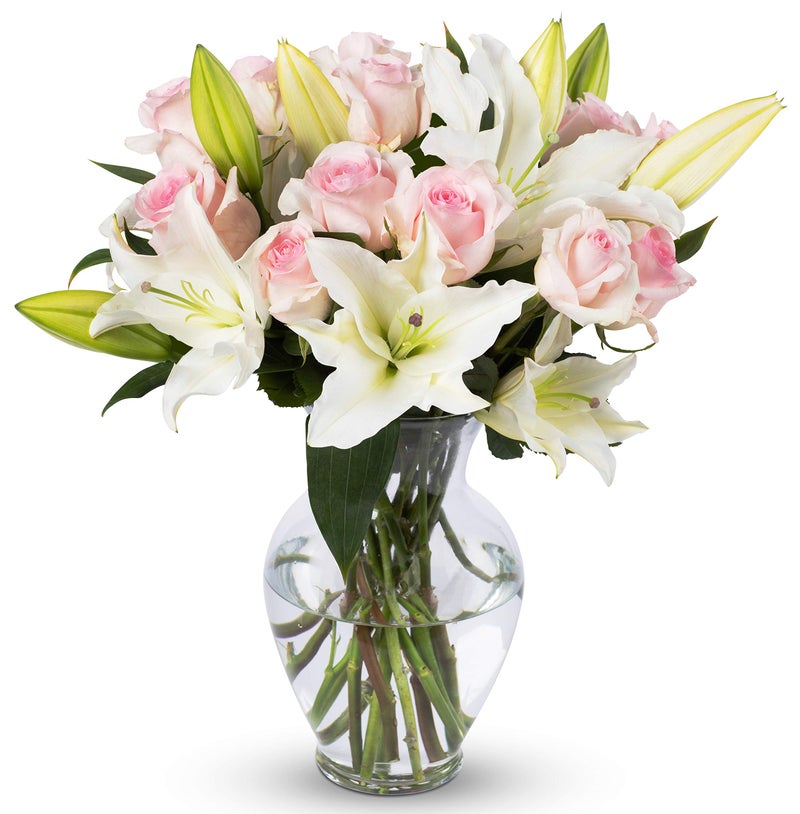 Benchmark Bouquets - Oriental Lilies & Pink Roses (Glass Vase Included) - Fresh Flowers for Next Day Delivery - Gift for Birthday, Anniversary, Get Well, Sympathy, Congratulations - Image 1